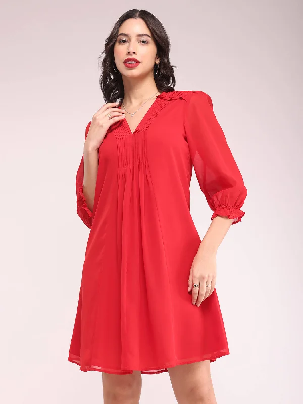 Limited Stock Pintuck A-line Dress - Red