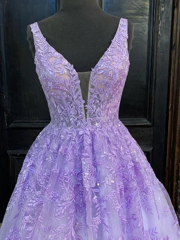 Special Savings Deep V Neck Purple Lace Long Prom Dresses, Purple Lace Formal Graduation Evening Dresses