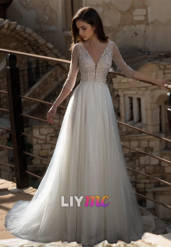 Deal Zone V-Neck Long Sleeves Appliques Tulle A-Line Wedding Dress