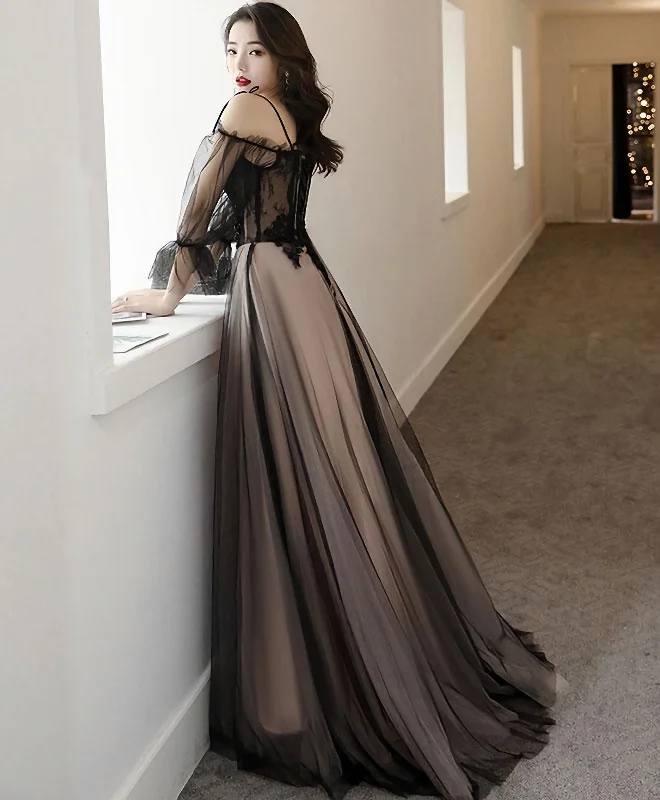 Online Only Black Tulle A Line Lace Long Prom Dress, Tulle Lace Formal Dress