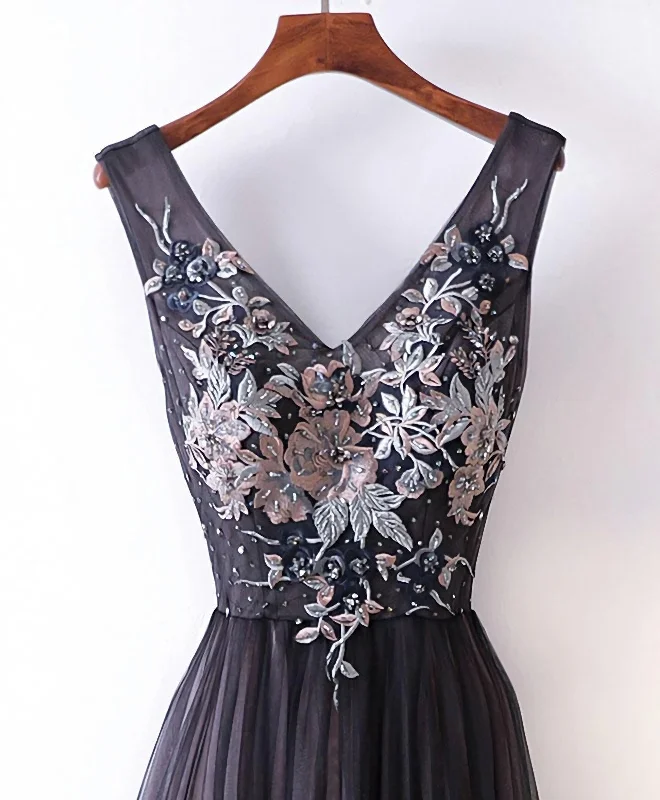 Midnight Sale Black V Neck Lace Applique Tulle Long Prom Dress, Black Evening Dress
