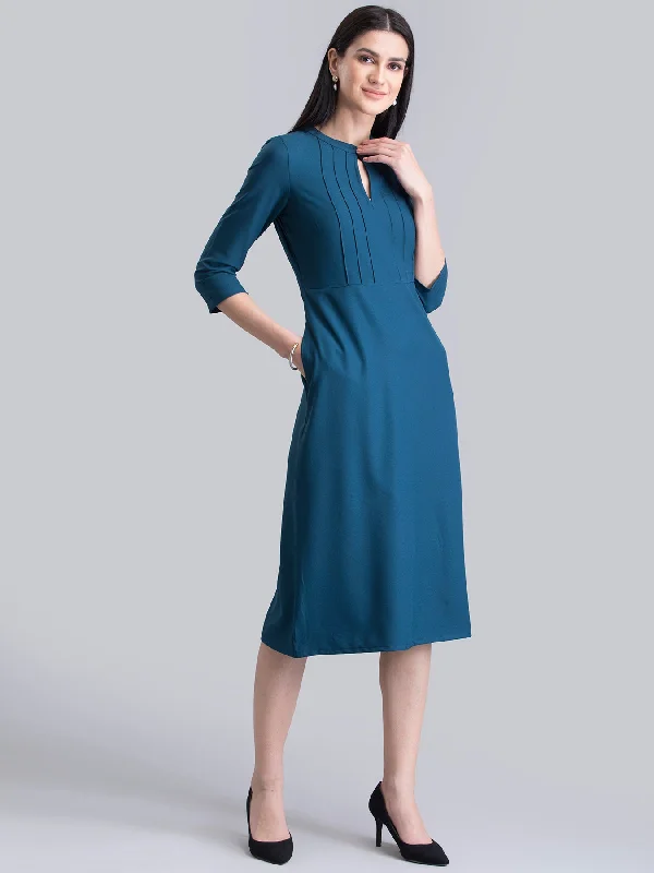 Don't Wait Stylised Neck Pintuck Dress - Teal