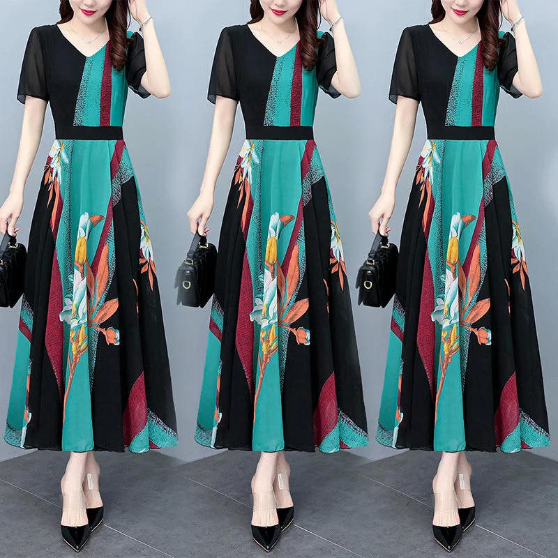 Plus Size V Neck Print Chiffon Midi Dress