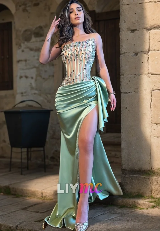 Early Access LP2311 - Asymmetrical Sleeveless Beaded Ruched High Slit Prom Dress