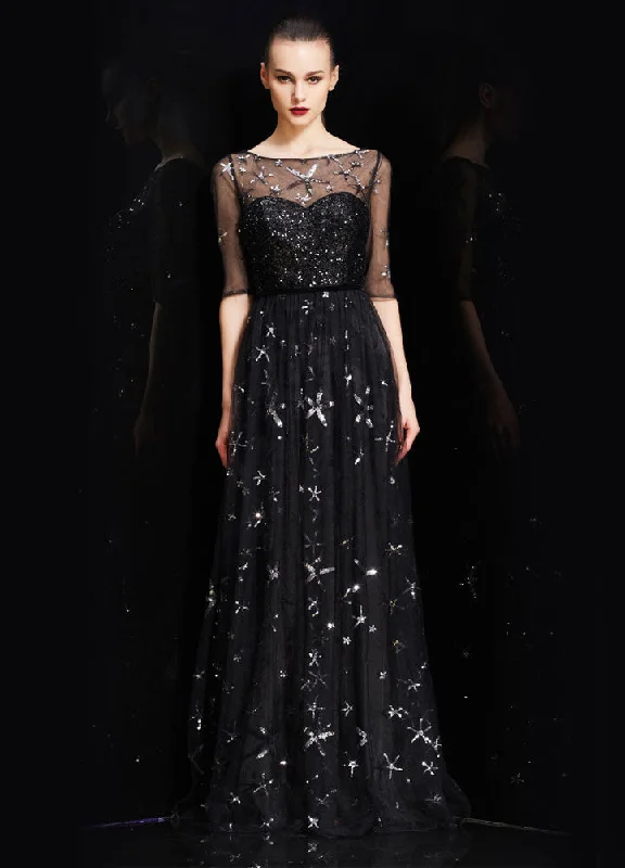 Special Savings Amazing Bateau Neck Illusion Sweetheart Sequin Star Half Sleeves Tulle evening dress
