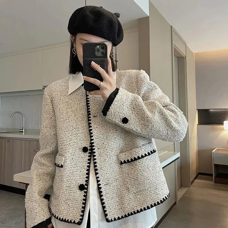 Znbbw Cropped Tweed Jackets Women Vintage Short Coats Autumn Winter Office Lady Korean Streetwear Fashion Outerwear Tops New