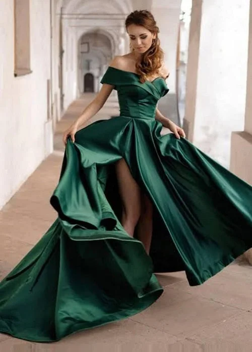 Sneak Peek Sale G900(2), Castelon Green Satin Slit cut Pre Wedding Shoot Long Trail Gown, Size (All) Sneak Peek Sale G900(2), Castelon Green Satin Slit cut Pre Wedding Shoot Long Trail Gown, Size (All)