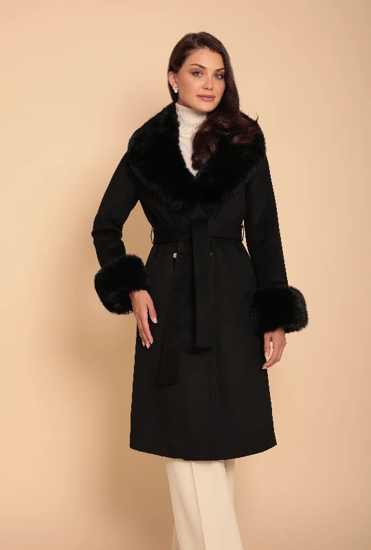 Savings Galore 'Marlene' Cashmere and Wool Coat with Faux Fur in Nero