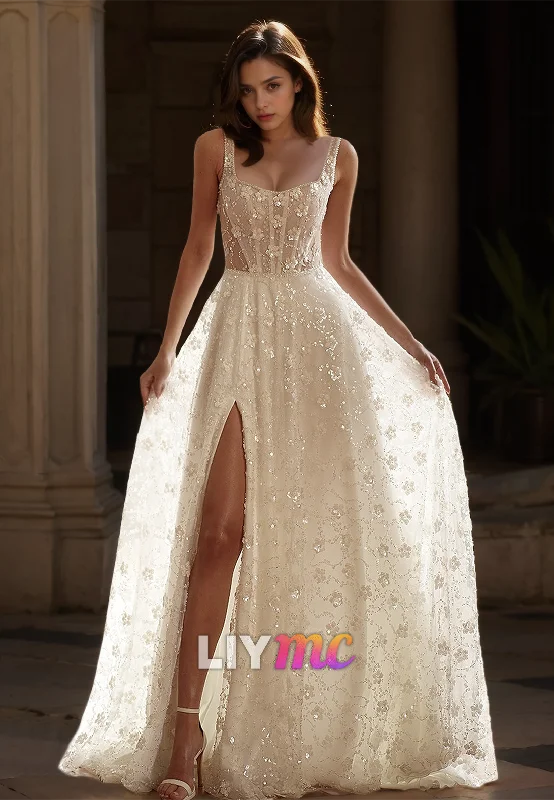 Final Clearance Scoop Sleeveless Straps Appliques High Slit A-Line Wedding Dress