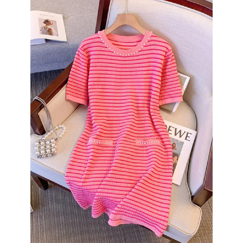 Limited Time Offer Plus Size Korean Pink Stripes Dress