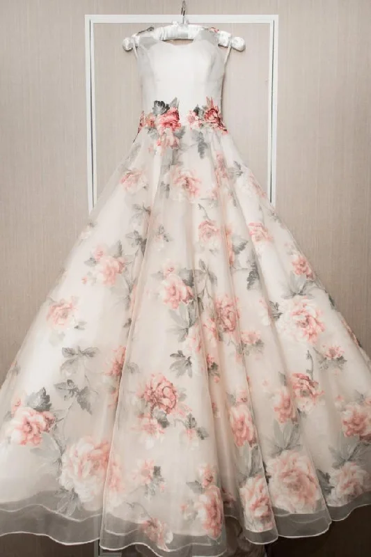 Clearance Sale Chic A-line White Print Floral Prom Dresses Quinceanera Formal Dresses Wedding Gowns NAY015