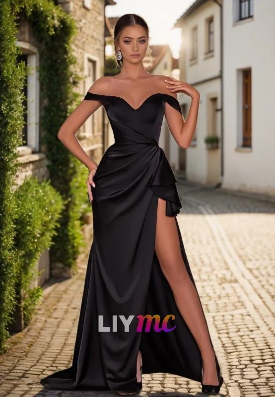 Great Deals LP2306 - Off-Shoulder Pleated High Slit Sleek Satin Sheath Prom Dress