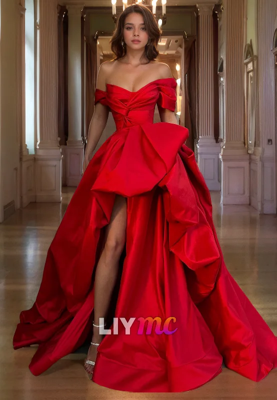 Stock Clearance LP312 - Off-Shoulder Ruched Satin High Low Ball Prom Formal Evening Dress Stock Clearance LP312 - Off-Shoulder Ruched Satin High Low Ball Prom Formal Evening Dress