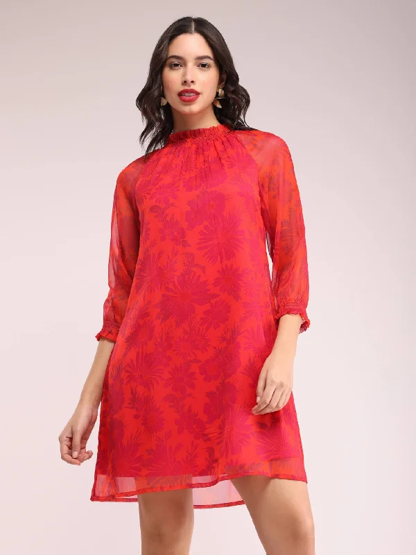 Year-End Sale Floral Smocked Neck Dress - Orange And Fuchsia