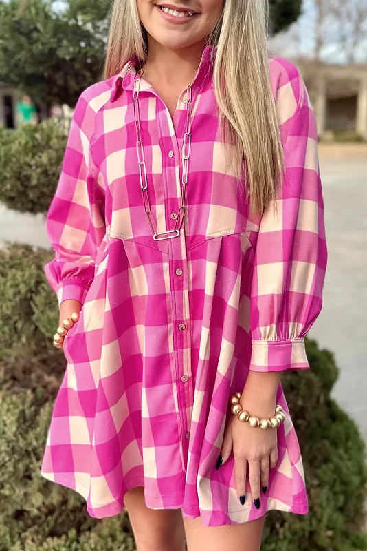 Early Bird Discount Rose Red Hidden Pocket Plaid Button Down Shirt Dress