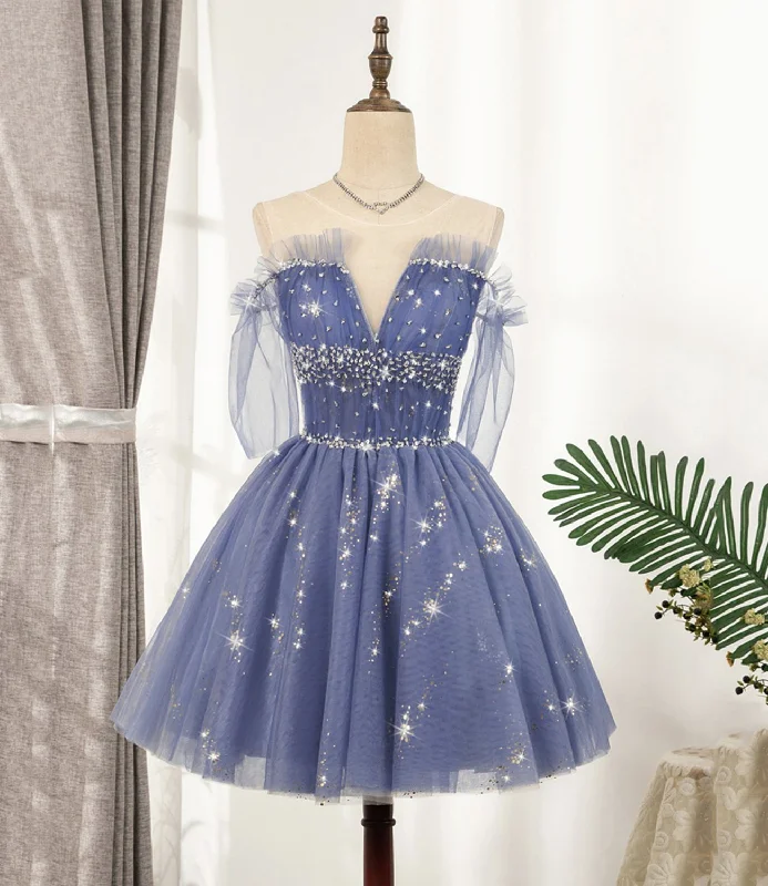 Weekend Special Blue Tulle Sequins Short A Line Homecoming Dress, Party Dress