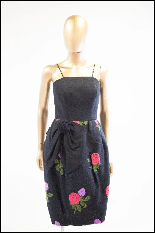 Lowest Price Vintage 1960s Black Embroidered Linen Glamourette Dress
