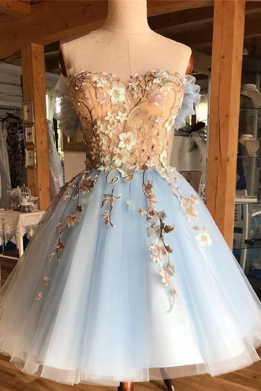 Final Clearance A Line Light Blue Off The Shoulder Above Knee Homecoming Prom Dress, With Appliques Final Clearance A Line Light Blue Off The Shoulder Above Knee Homecoming Prom Dress, With Appliques