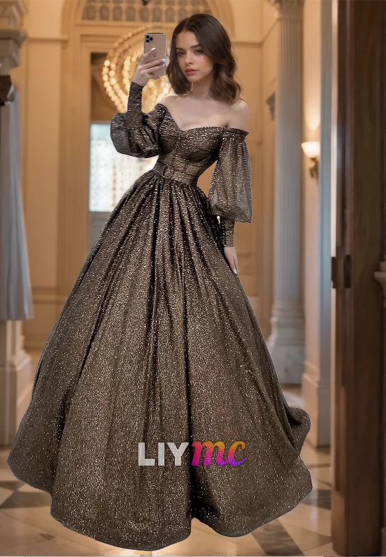 Amazing Deals Off-Shoulder Long Sleeves Pleated Sparkly Prom Dress
