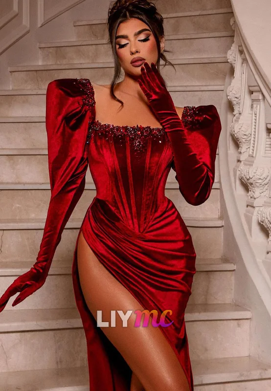 Discount Deals LP2312 - Square Long Sleeves Ruched High Slit Prom Dress