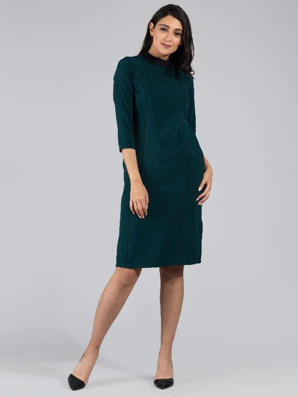 Limited Availability High Neck Colour Block Knee Length Dress - Dark green