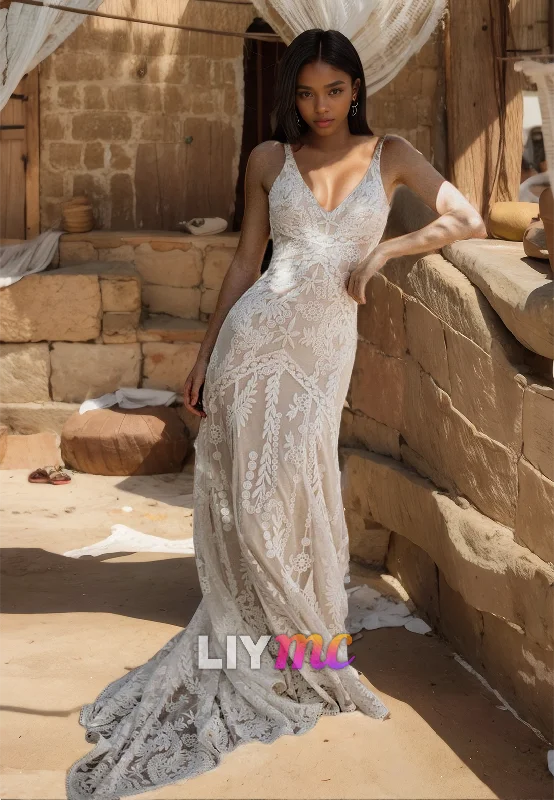 Overstock Sale V-Neck Straps Lace Appliques Open Back Sheath Wedding Dress