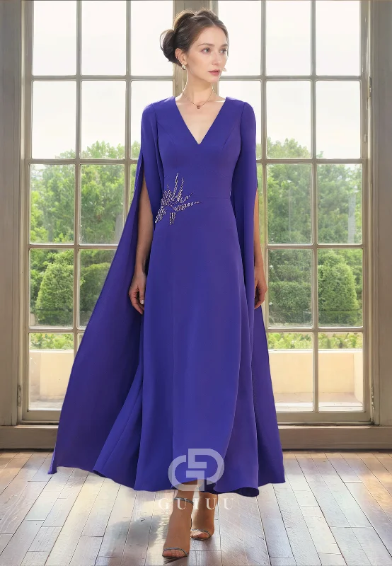 A-Line V Neck Sleeves Beaded Tea Length Mother of Bride Dress