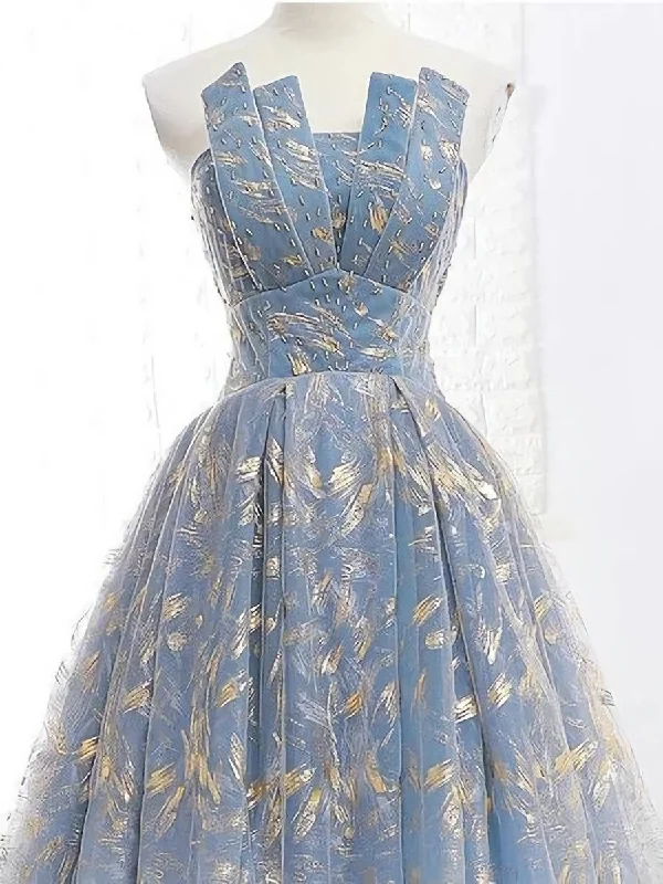 Extra Savings Elegant A Line Blue Tulle Long Strapless Lace Up Gold Evening Dress, Prom Dresses, Js223