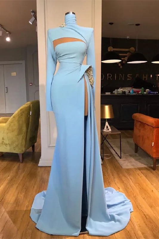 Stock Clearance Long Sleeves High Neck Mermaid Prom Dress Long With Slit