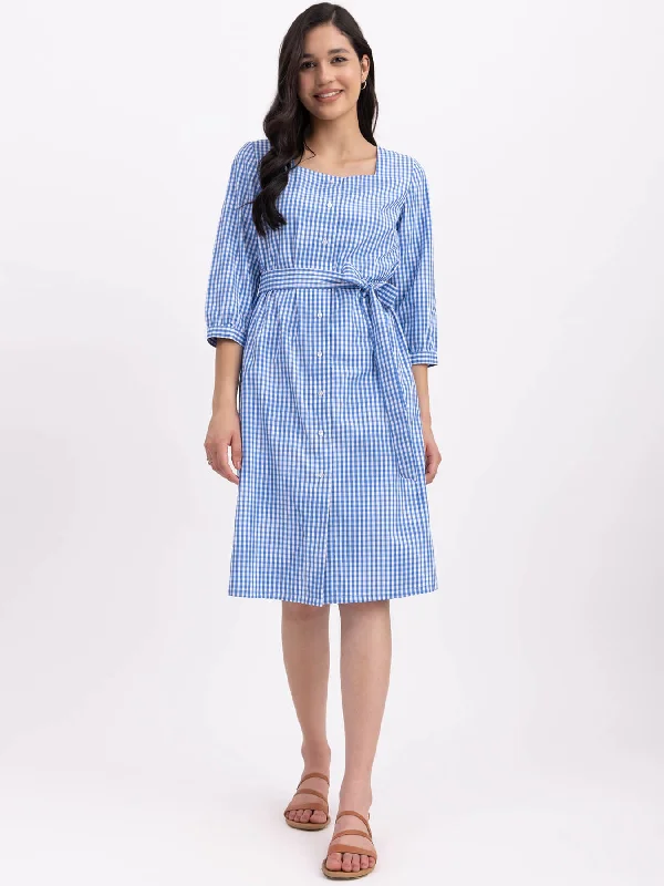Daily Specials Cotton Checkered Square Neck Dress - Blue And White
