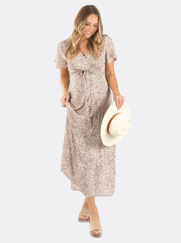 Steals and Deals Isabella Beige Leopard Print Maternity & Nursing Wrap Dress