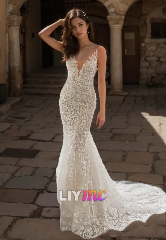Buy Now V-Neck Sleeveless Lace Appliques Mermaid Wedding Dress