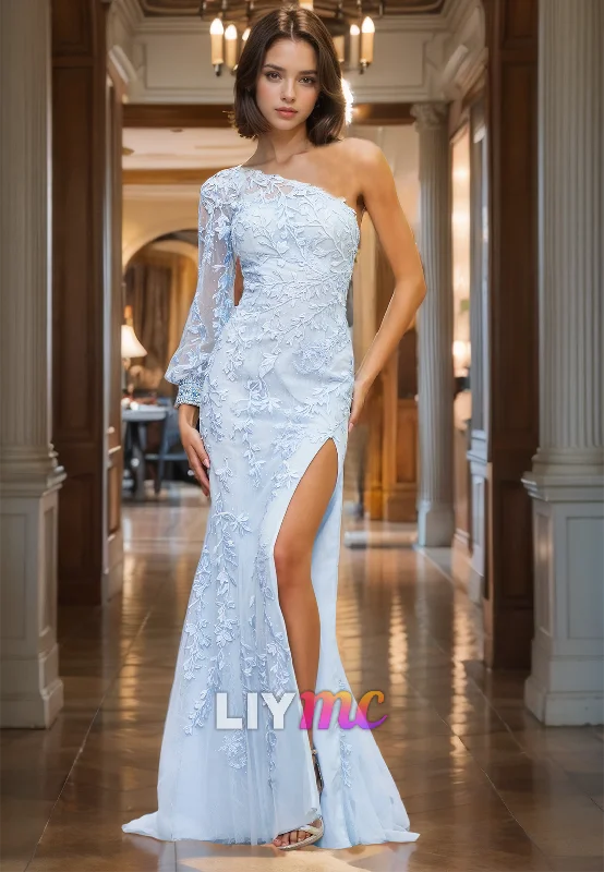 Last Chance One Shoulder Long Sleeves Appliques Sheath Prom Dress