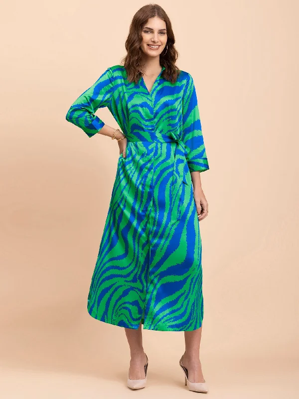 Satin Animal Print A-Line Dress - Royal Blue and Green