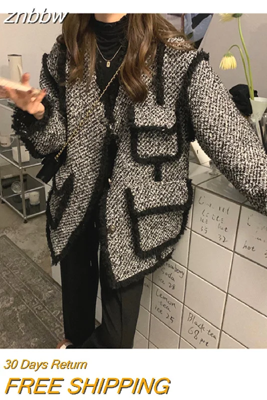 Today’s Deal znbbw Women Woolen Tweed Coat 2023 Autumn Winter  Korean Style Sashes Waist Retro Vintage Gray Big Turn Down Collar Thicke Wool Coat