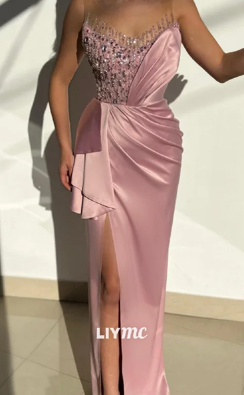 Midnight Madness LP2027 - Scoop Sleeveless Beaded Pleated High Slit Side Slit Prom Dress