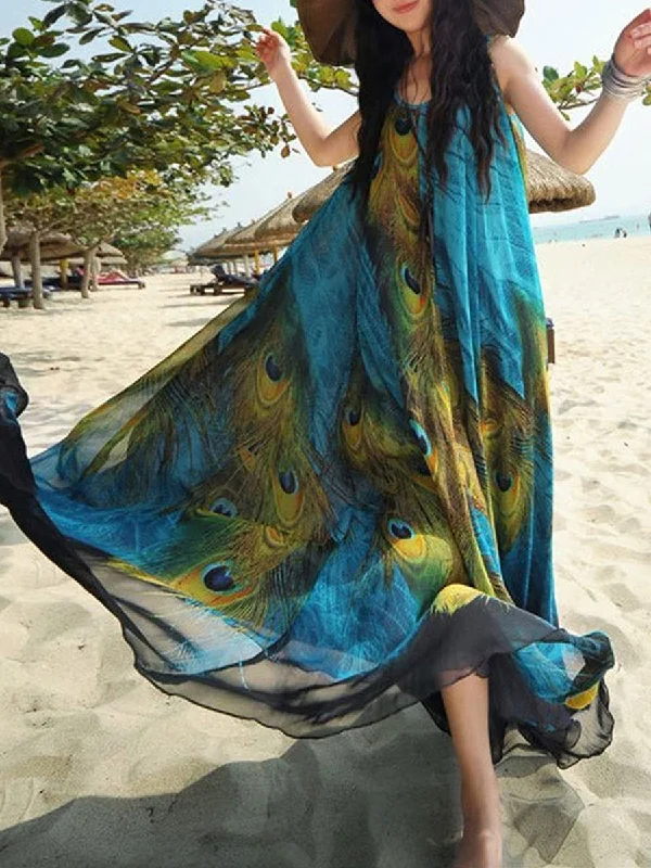 Massive Deals Women's Bohemian Chiffon Peacock Print Swing Sleeveless Dress