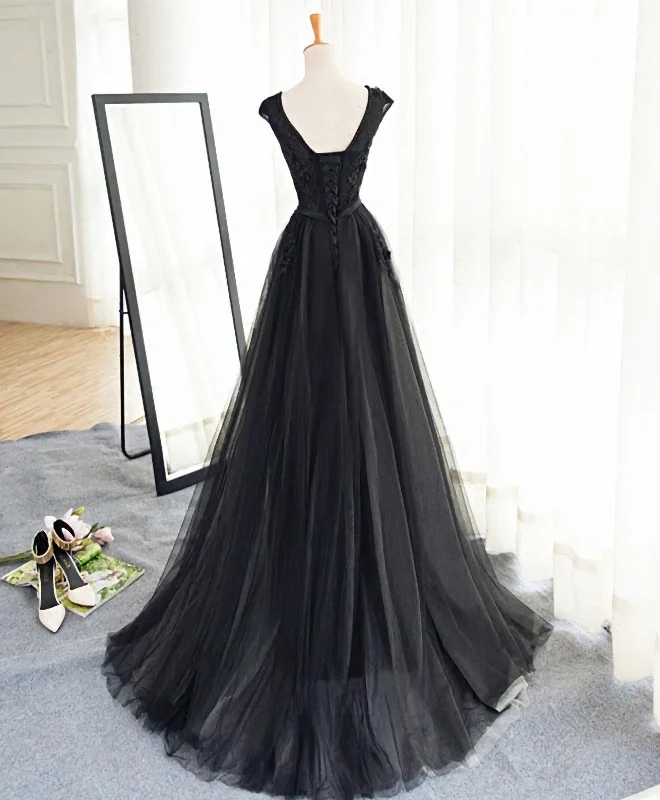 Discount Mania Black A Line Tulle Lace Long Prom Dress, Evening Dress