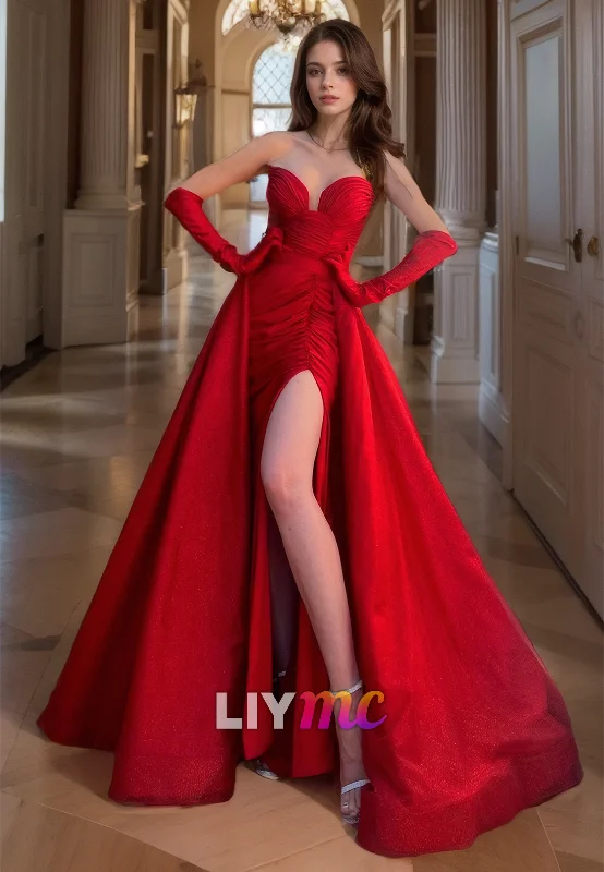 Special Discount LP681 - Strapless Pleated Satin Sheath Long Prom Evening Dress With Removable Trian Special Discount LP681 - Strapless Pleated Satin Sheath Long Prom Evening Dress With Removable Trian
