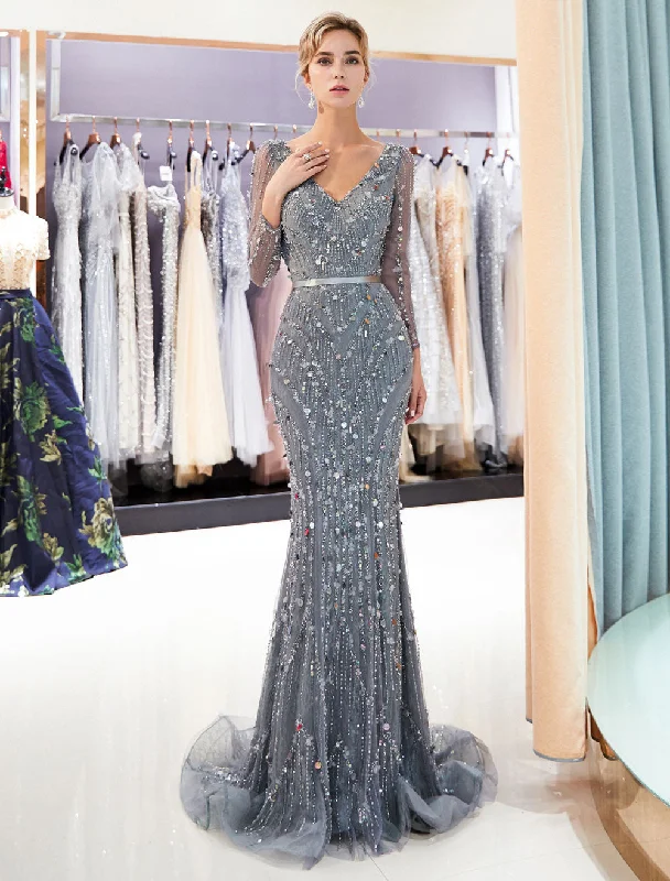 Price Fest Classic Mother Of The Groom Dresses Grey Long Sleeve Luxury Beading V Neck Sash Formal Gowns With Train