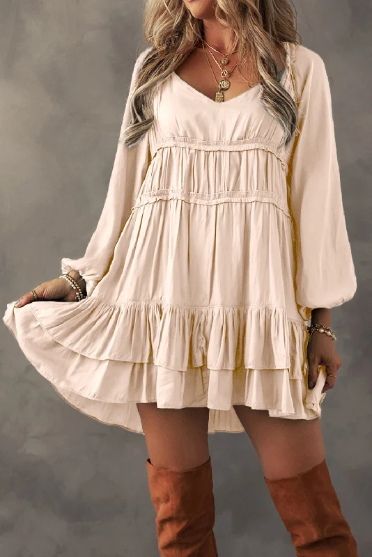 Exclusive Preview Apricot Tiered Ruffled Puff Sleeve Loose Fit Mini Dress