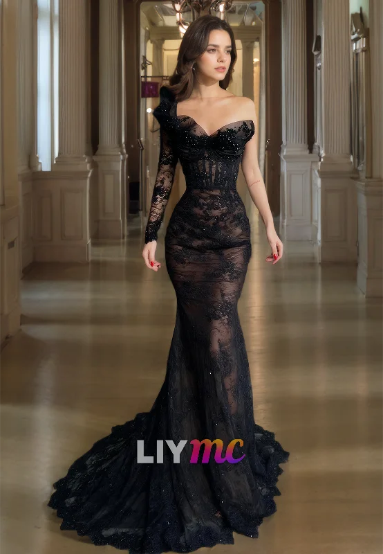 Massive Deals LP309 - Sexy One Shoulder Beaded Lace Mermaid Long Prom  Formal Evening Dress