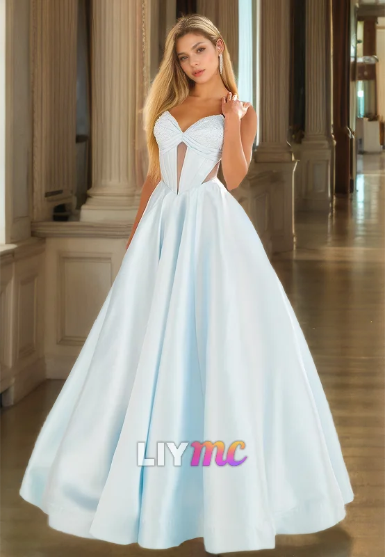 V-Neck Strapless Beaded Illusion Pleated Satin A-Line Prom Dress