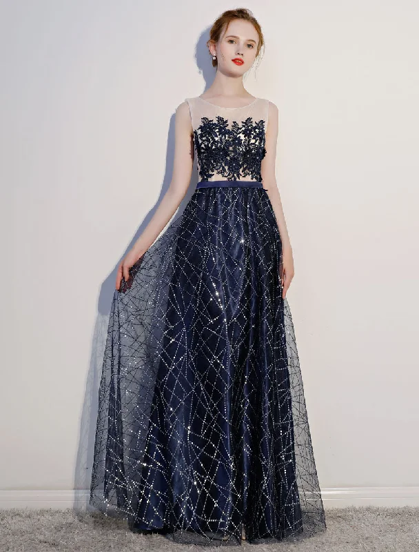 Special Discount Amazing Dark Navy Evening Dresses Lace Sequin Illusion Sleeveless Floor Length Evening Dress