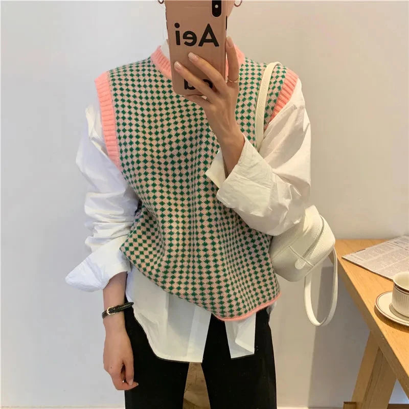 Znbbw Plaid Sweater Vest Women Patchwork Sleeveless Knitted Waistcoat Korean O Neck Casual Knitwear Harajuku Jumpers Pullovers