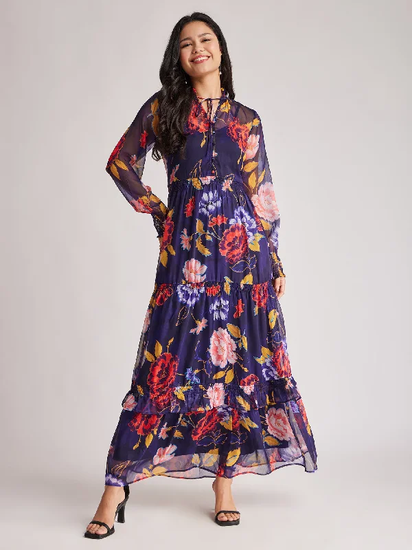 Final Clearance Floral Ruffle Dress - Navy Blue And Multicolour