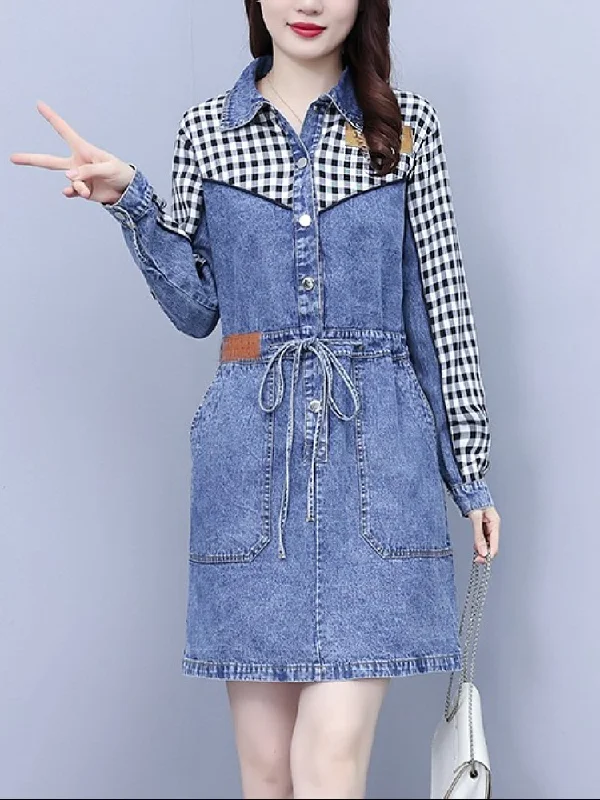 Plus Size Patchwork Long Sleeve Denim Shirt Dress