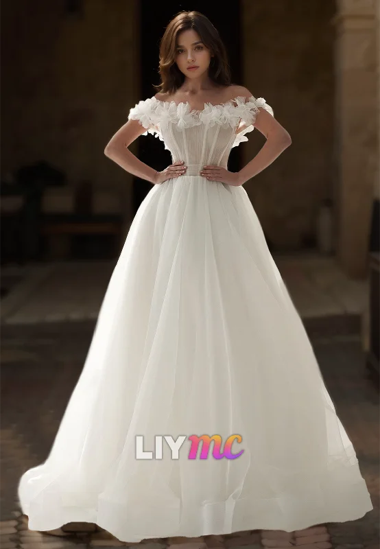 Final Markdown Off-Shoulder Strapless Floral Embellished Tulle Ball Gown Wedding Dress