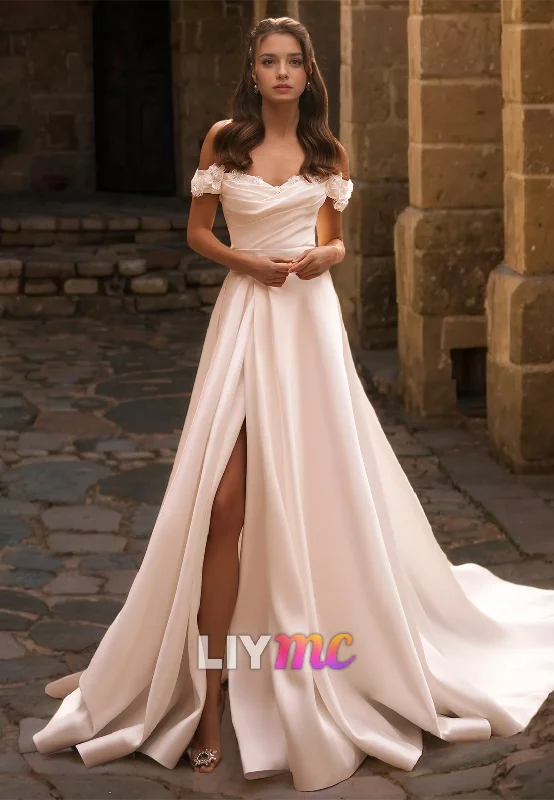 Savings Bonanza Off-Shoulder Strapless Floral Embellished Pleated Satin A-Line Wedding Dress