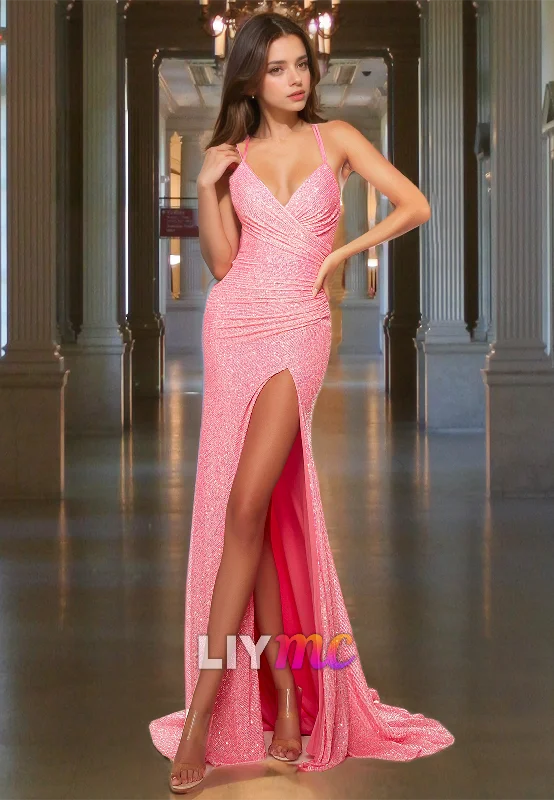 Extra Savings V-Neck Spaghetti Straps Sequins Pleated High Slit Sheath Sparkly Prom Dress